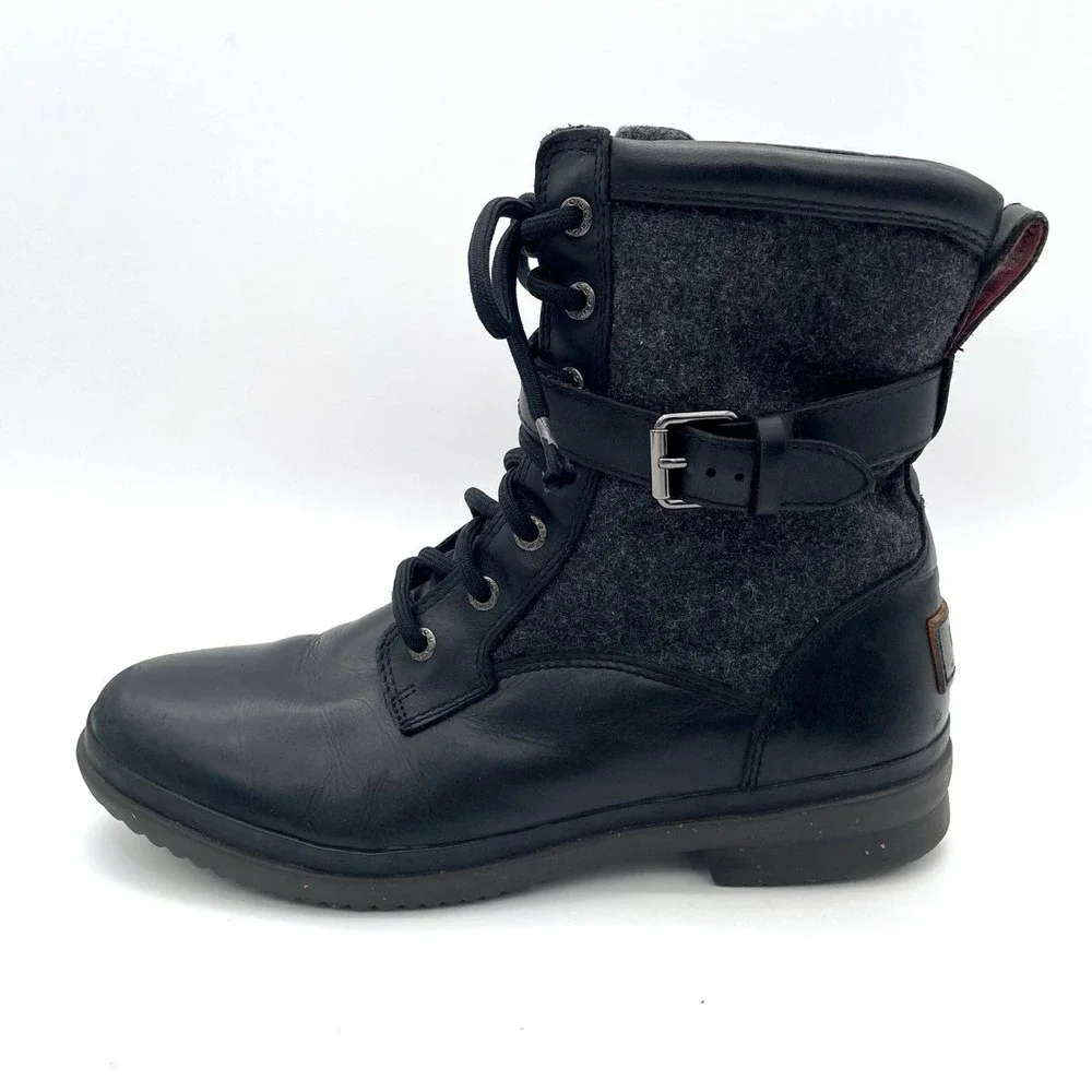 UGG Waterproof Leather Wool Lace Up Combat Boots Womens Size 9 Black Gray